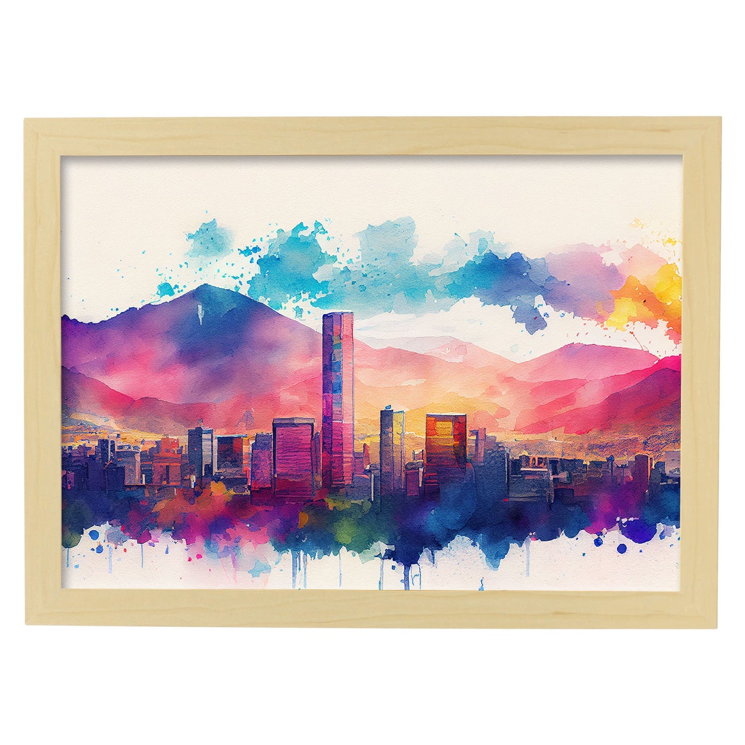 Nacnic watercolor of a skyline of the city of Bogota. Aesthetic Wall Art Prints for Bedroom or Living Room Design.-Artwork-Nacnic-A4-Marco Madera Clara-Nacnic Estudio SL