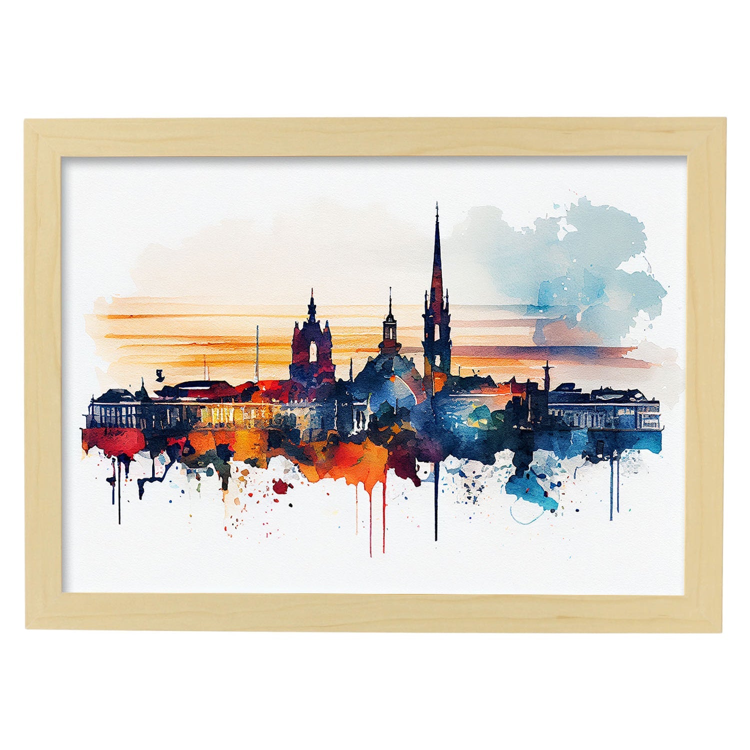 Nacnic watercolor of a skyline of the city of Bordeaux_1. Aesthetic Wall Art Prints for Bedroom or Living Room Design.-Artwork-Nacnic-A4-Marco Madera Clara-Nacnic Estudio SL