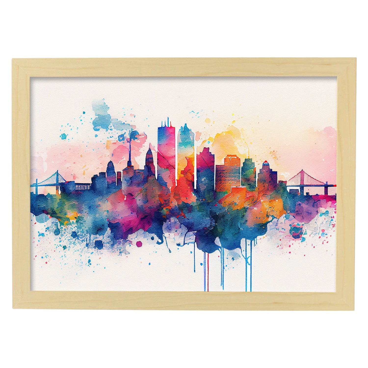 Nacnic watercolor of a skyline of the city of Boston_1. Aesthetic Wall Art Prints for Bedroom or Living Room Design.-Artwork-Nacnic-A4-Marco Madera Clara-Nacnic Estudio SL