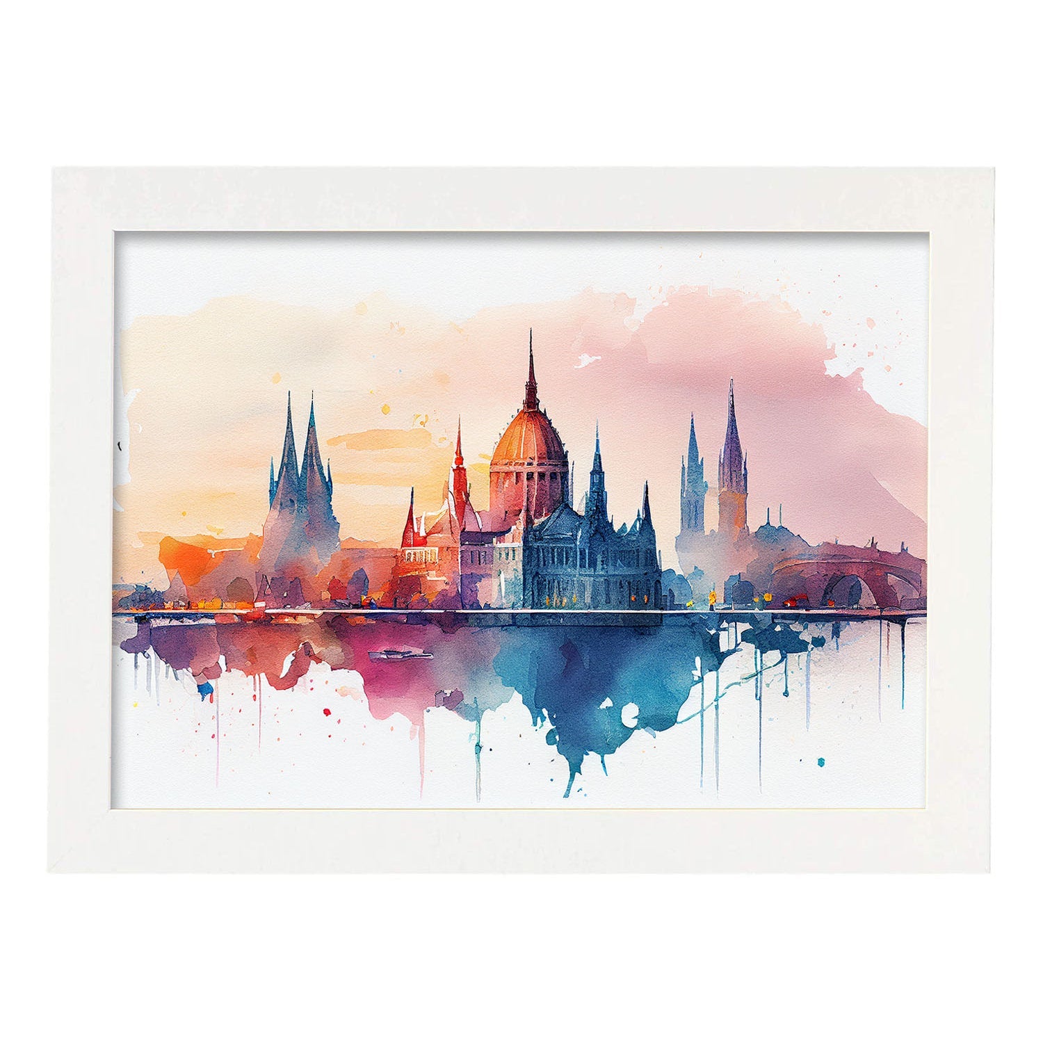 Nacnic watercolor of a skyline of the city of Budapest. Aesthetic Wall Art Prints for Bedroom or Living Room Design.-Artwork-Nacnic-A4-Marco Blanco-Nacnic Estudio SL