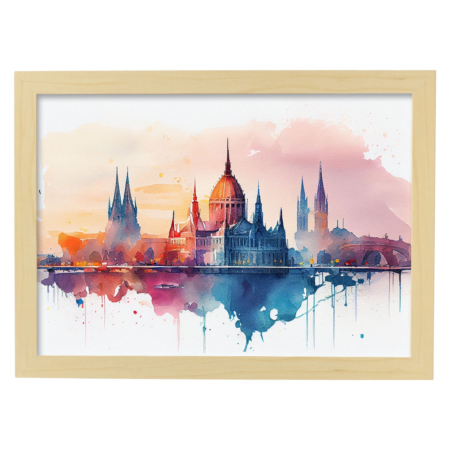 Nacnic watercolor of a skyline of the city of Budapest. Aesthetic Wall Art Prints for Bedroom or Living Room Design.-Artwork-Nacnic-A4-Marco Madera Clara-Nacnic Estudio SL
