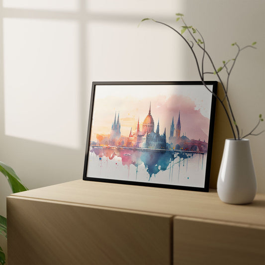 Nacnic watercolor of a skyline of the city of Budapest. Aesthetic Wall Art Prints for Bedroom or Living Room Design.-Artwork-Nacnic-A4-Sin Marco-Nacnic Estudio SL