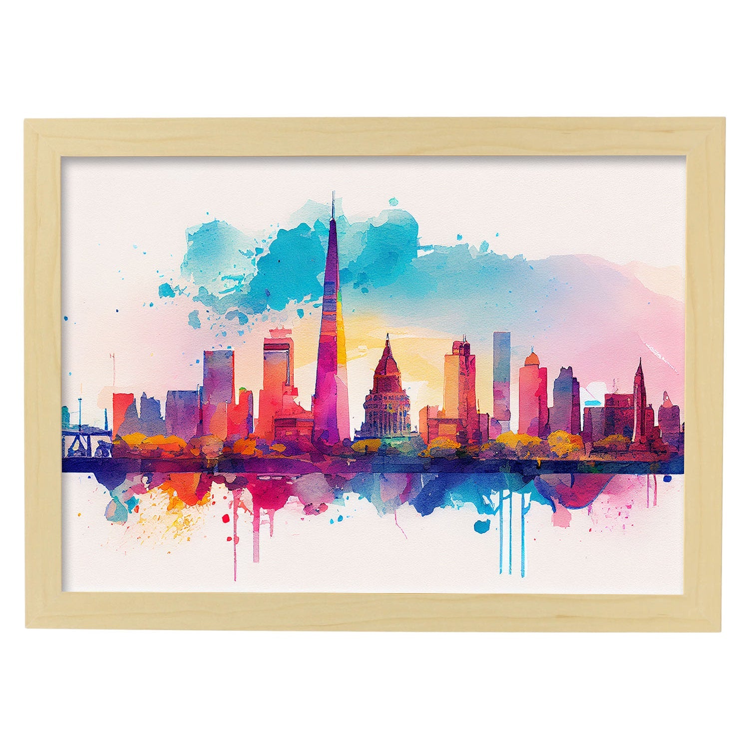 Nacnic watercolor of a skyline of the city of Buenos Aires_1. Aesthetic Wall Art Prints for Bedroom or Living Room Design.-Artwork-Nacnic-A4-Marco Madera Clara-Nacnic Estudio SL