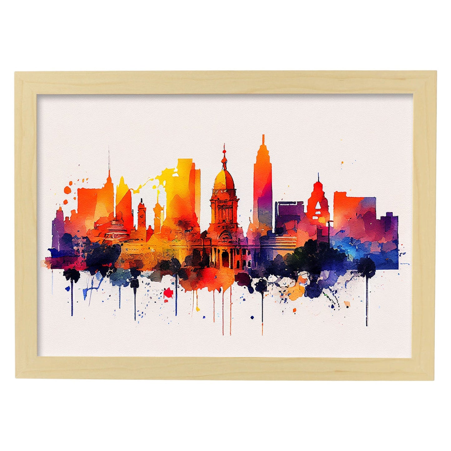 Nacnic watercolor of a skyline of the city of Buenos Aires_2. Aesthetic Wall Art Prints for Bedroom or Living Room Design.-Artwork-Nacnic-A4-Marco Madera Clara-Nacnic Estudio SL