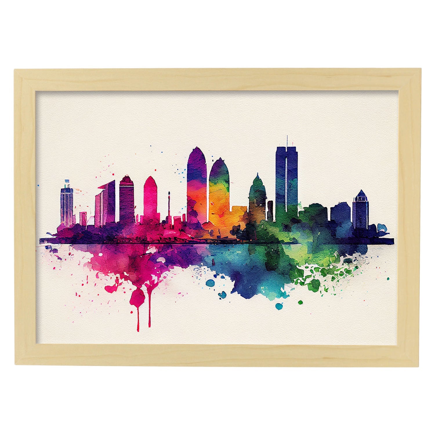 Nacnic watercolor of a skyline of the city of Cancun_1. Aesthetic Wall Art Prints for Bedroom or Living Room Design.-Artwork-Nacnic-A4-Marco Madera Clara-Nacnic Estudio SL