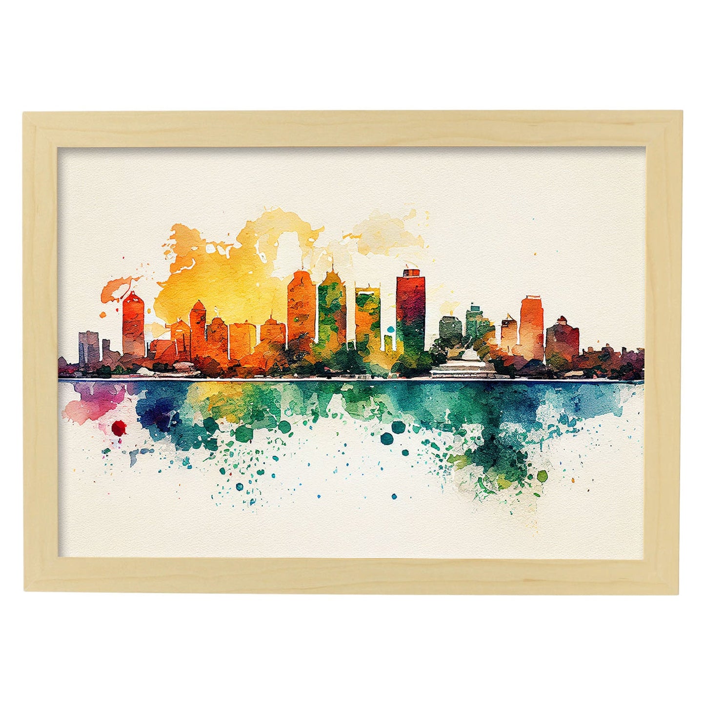 Nacnic watercolor of a skyline of the city of Cancun_2. Aesthetic Wall Art Prints for Bedroom or Living Room Design.-Artwork-Nacnic-A4-Marco Madera Clara-Nacnic Estudio SL