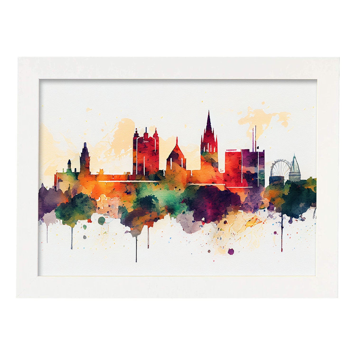 Nacnic watercolor of a skyline of the city of Cardiff. Aesthetic Wall Art Prints for Bedroom or Living Room Design.-Artwork-Nacnic-A4-Marco Blanco-Nacnic Estudio SL