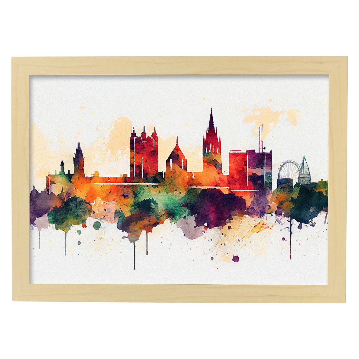 Nacnic watercolor of a skyline of the city of Cardiff. Aesthetic Wall Art Prints for Bedroom or Living Room Design.-Artwork-Nacnic-A4-Marco Madera Clara-Nacnic Estudio SL