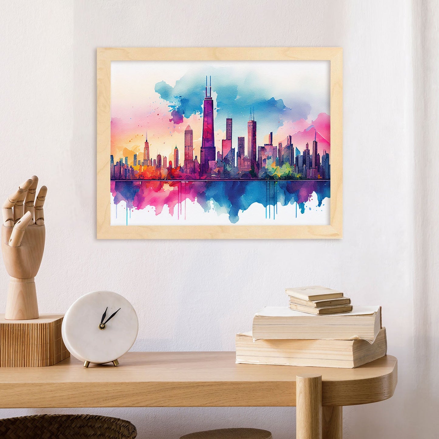 Nacnic watercolor of a skyline of the city of Chicago. Aesthetic Wall Art Prints for Bedroom or Living Room Design.