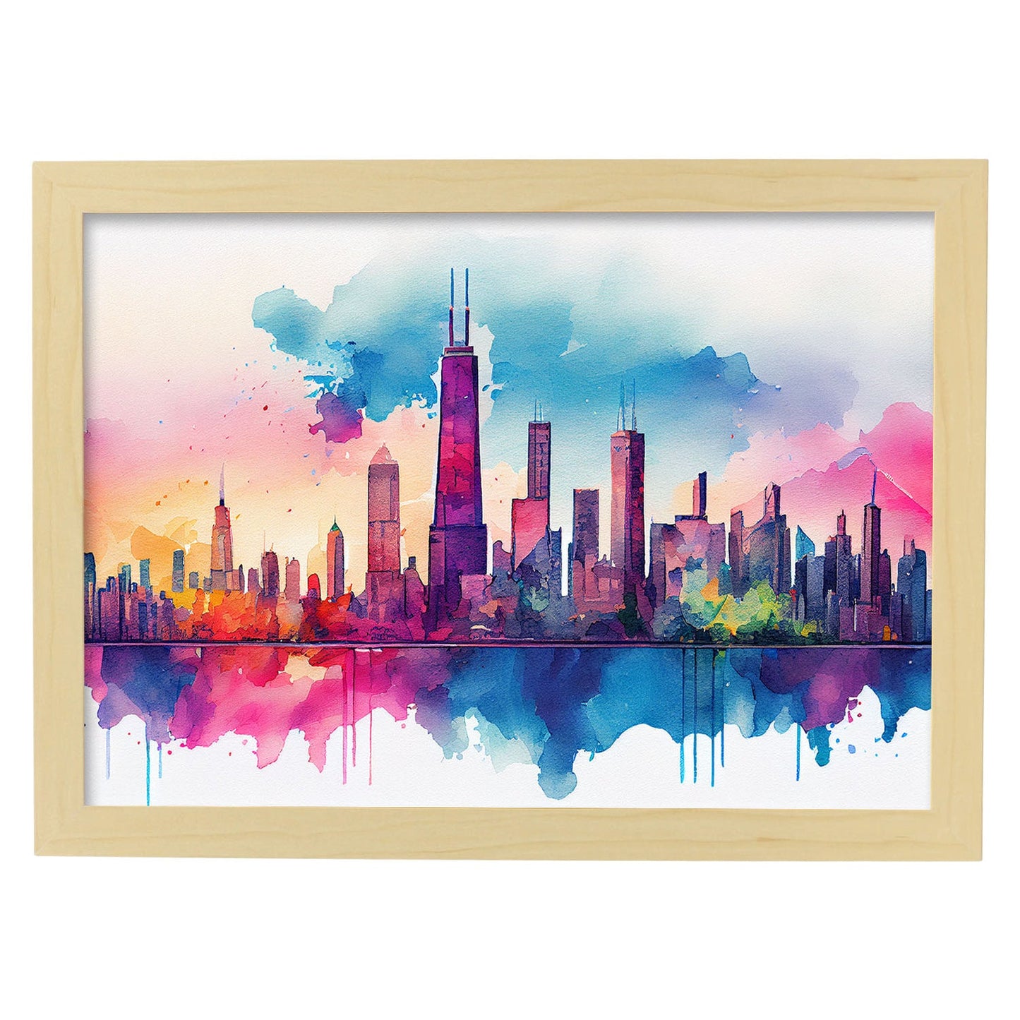 Nacnic watercolor of a skyline of the city of Chicago. Aesthetic Wall Art Prints for Bedroom or Living Room Design.-Artwork-Nacnic-A4-Marco Madera Clara-Nacnic Estudio SL