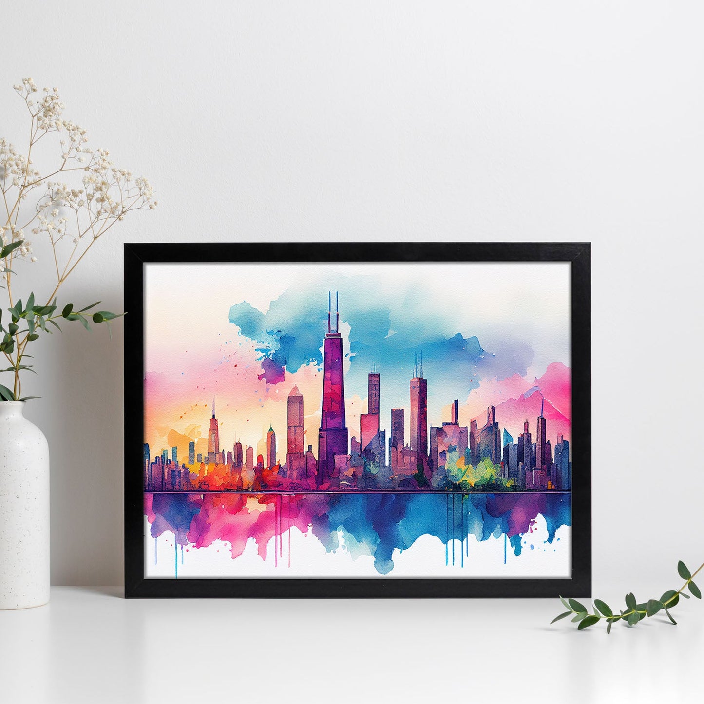 Nacnic watercolor of a skyline of the city of Chicago. Aesthetic Wall Art Prints for Bedroom or Living Room Design.-Artwork-Nacnic-A4-Sin Marco-Nacnic Estudio SL