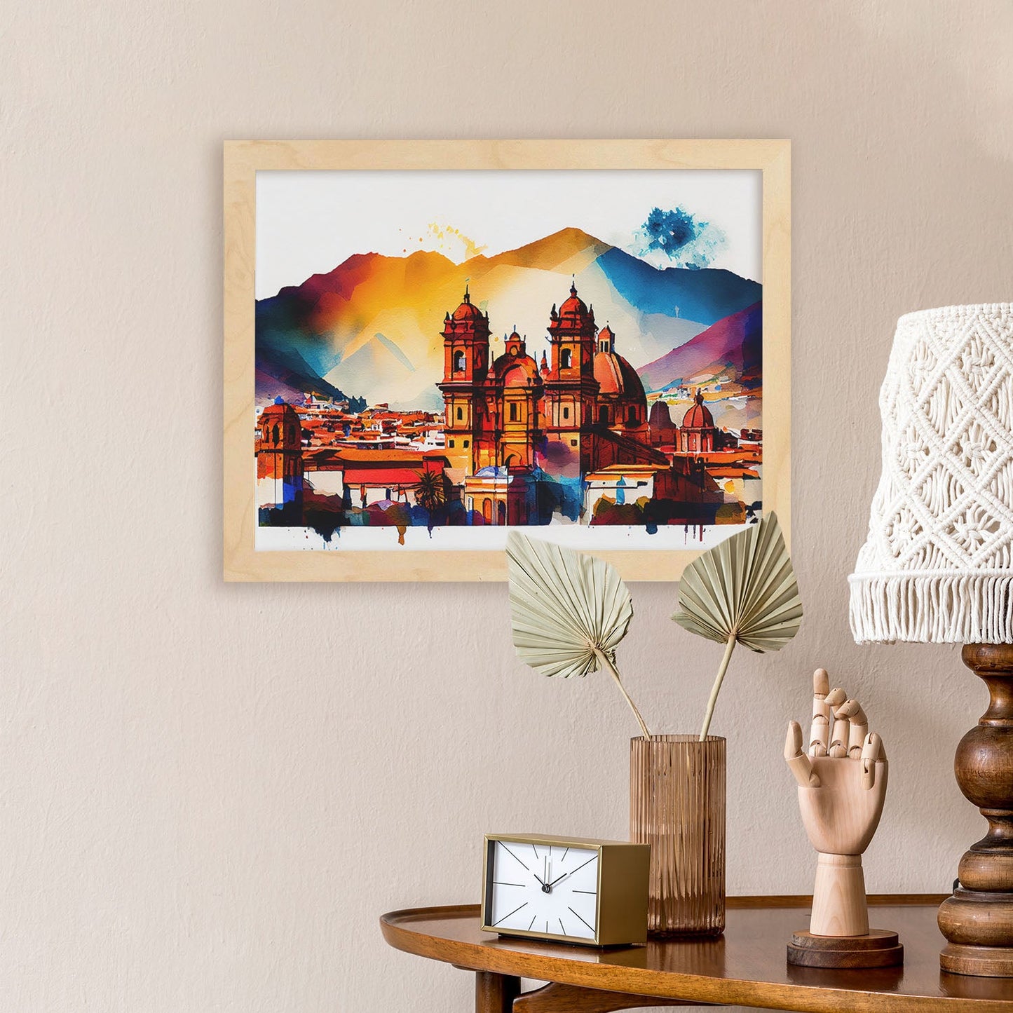 Nacnic watercolor of a skyline of the city of Cusco. Aesthetic Wall Art Prints for Bedroom or Living Room Design.