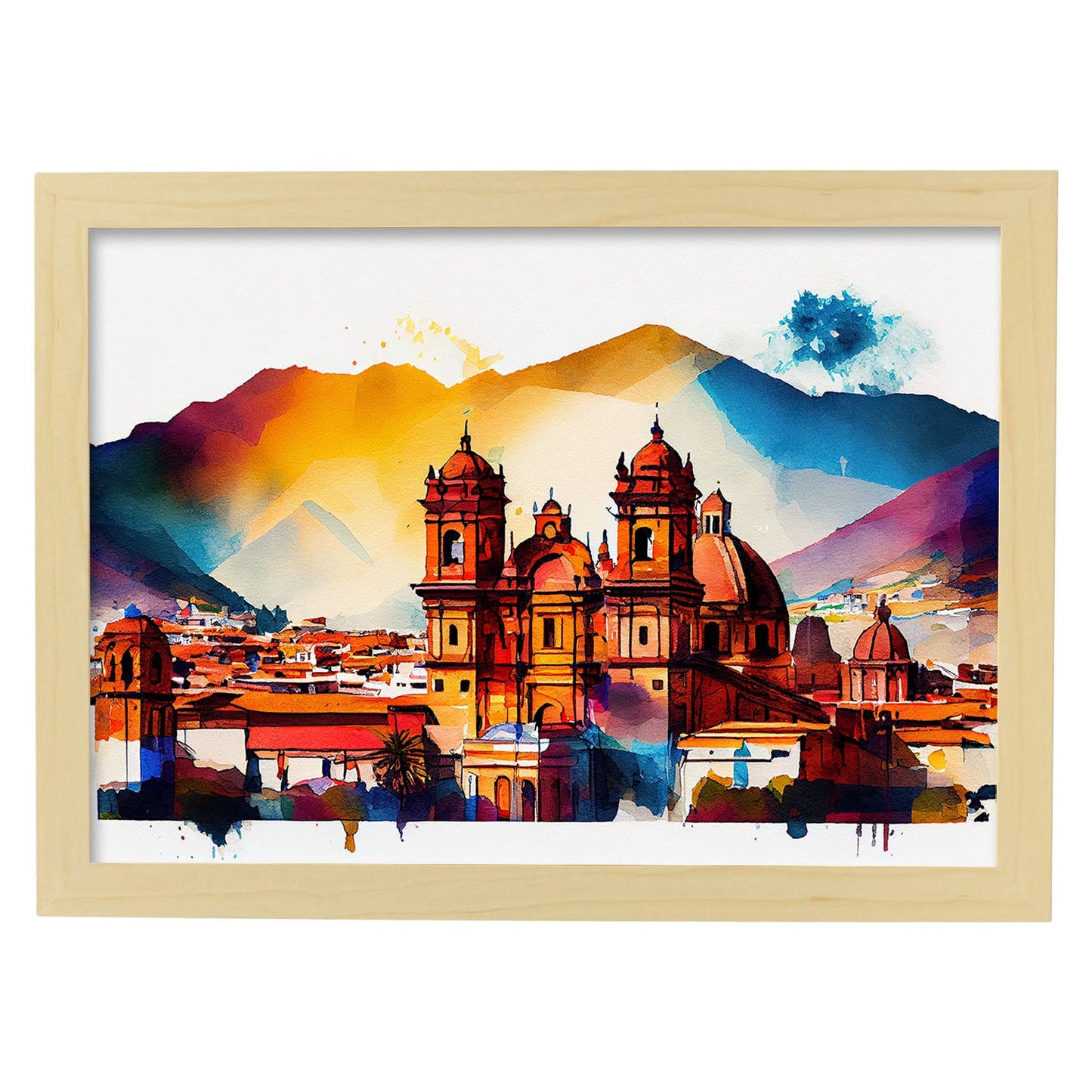 Nacnic watercolor of a skyline of the city of Cusco. Aesthetic Wall Art Prints for Bedroom or Living Room Design.-Artwork-Nacnic-A4-Marco Madera Clara-Nacnic Estudio SL