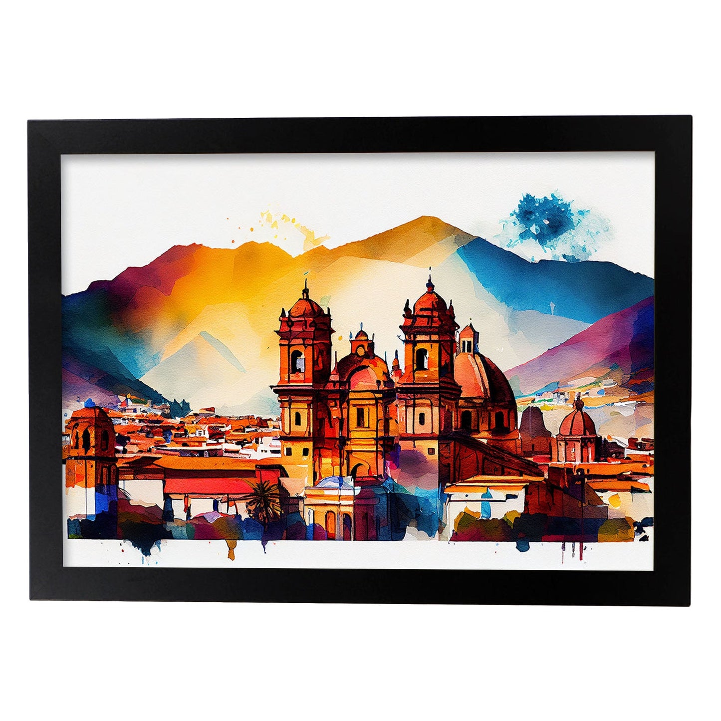 Nacnic watercolor of a skyline of the city of Cusco. Aesthetic Wall Art Prints for Bedroom or Living Room Design.