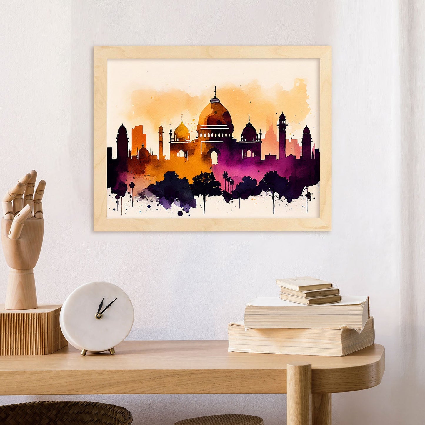 Nacnic watercolor of a skyline of the city of Delhi. Aesthetic Wall Art Prints for Bedroom or Living Room Design.