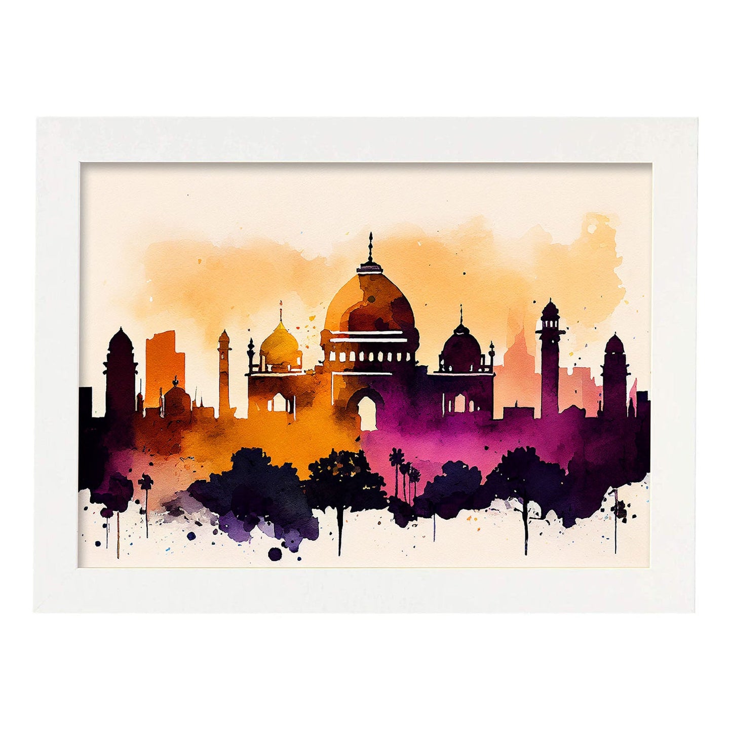 Nacnic watercolor of a skyline of the city of Delhi. Aesthetic Wall Art Prints for Bedroom or Living Room Design.-Artwork-Nacnic-A4-Marco Blanco-Nacnic Estudio SL