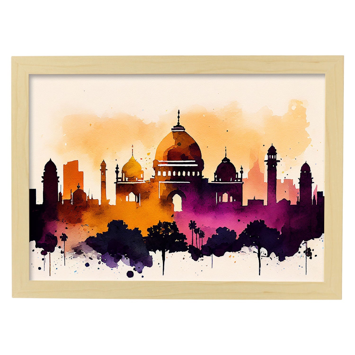Nacnic watercolor of a skyline of the city of Delhi. Aesthetic Wall Art Prints for Bedroom or Living Room Design.-Artwork-Nacnic-A4-Marco Madera Clara-Nacnic Estudio SL