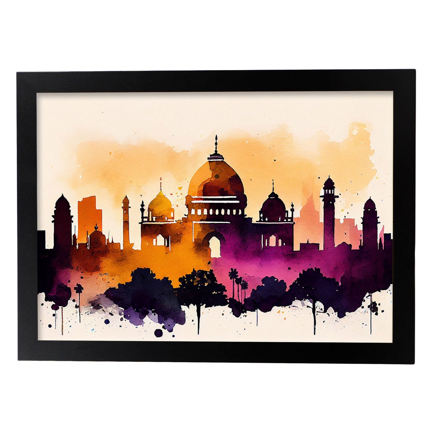 Nacnic watercolor of a skyline of the city of Delhi. Aesthetic Wall Art Prints for Bedroom or Living Room Design.