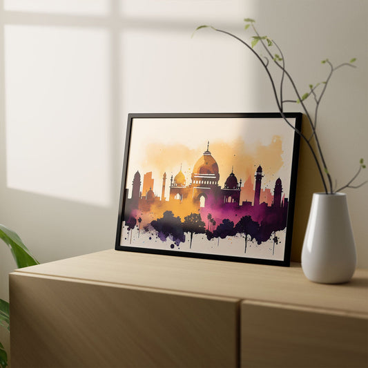 Nacnic watercolor of a skyline of the city of Delhi. Aesthetic Wall Art Prints for Bedroom or Living Room Design.-Artwork-Nacnic-A4-Sin Marco-Nacnic Estudio SL