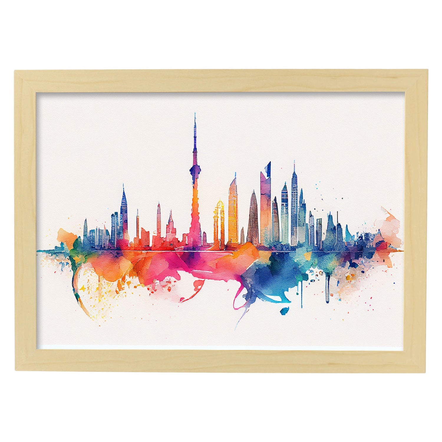 Nacnic watercolor of a skyline of the city of Dubai. Aesthetic Wall Art Prints for Bedroom or Living Room Design.-Artwork-Nacnic-A4-Marco Madera Clara-Nacnic Estudio SL