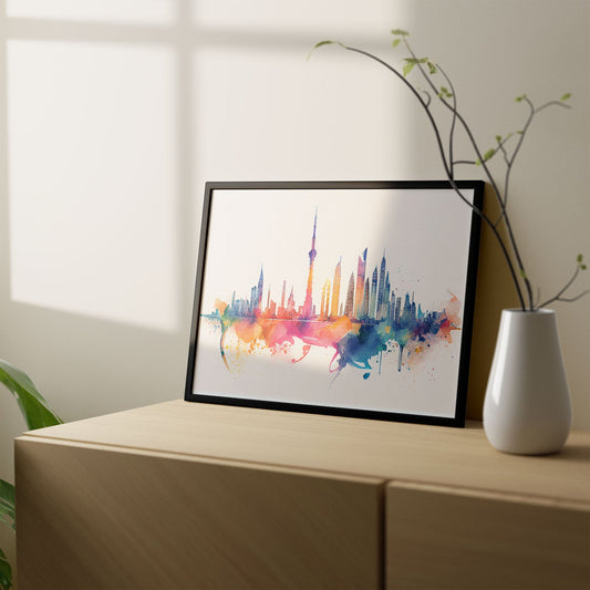 Nacnic watercolor of a skyline of the city of Dubai. Aesthetic Wall Art Prints for Bedroom or Living Room Design.-Artwork-Nacnic-A4-Sin Marco-Nacnic Estudio SL