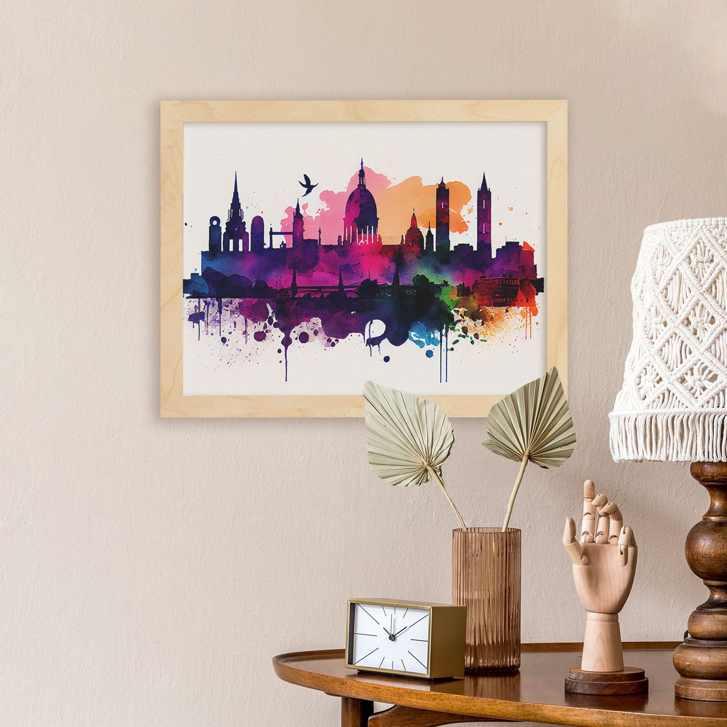 Nacnic watercolor of a skyline of the city of Dublin. Aesthetic Wall Art Prints for Bedroom or Living Room Design.