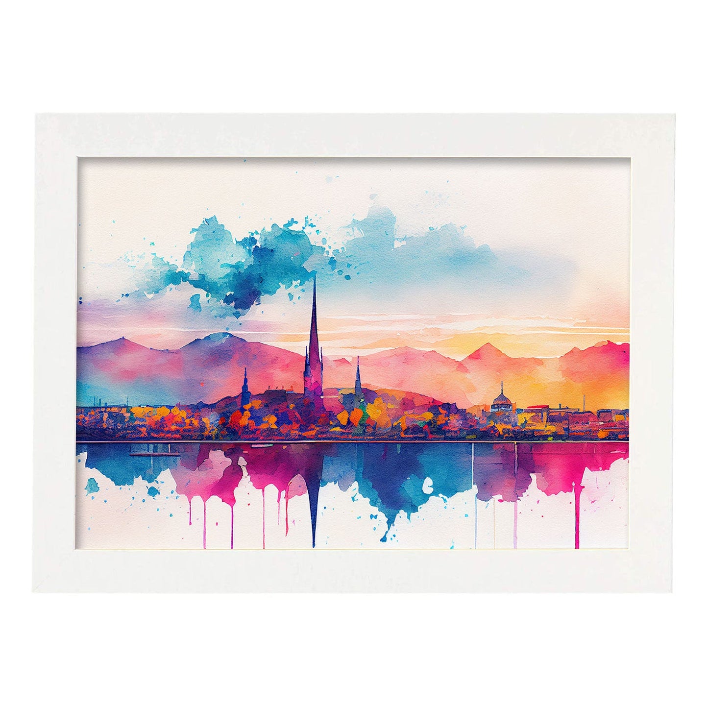 Nacnic watercolor of a skyline of the city of Geneva_1. Aesthetic Wall Art Prints for Bedroom or Living Room Design.-Artwork-Nacnic-A4-Marco Blanco-Nacnic Estudio SL