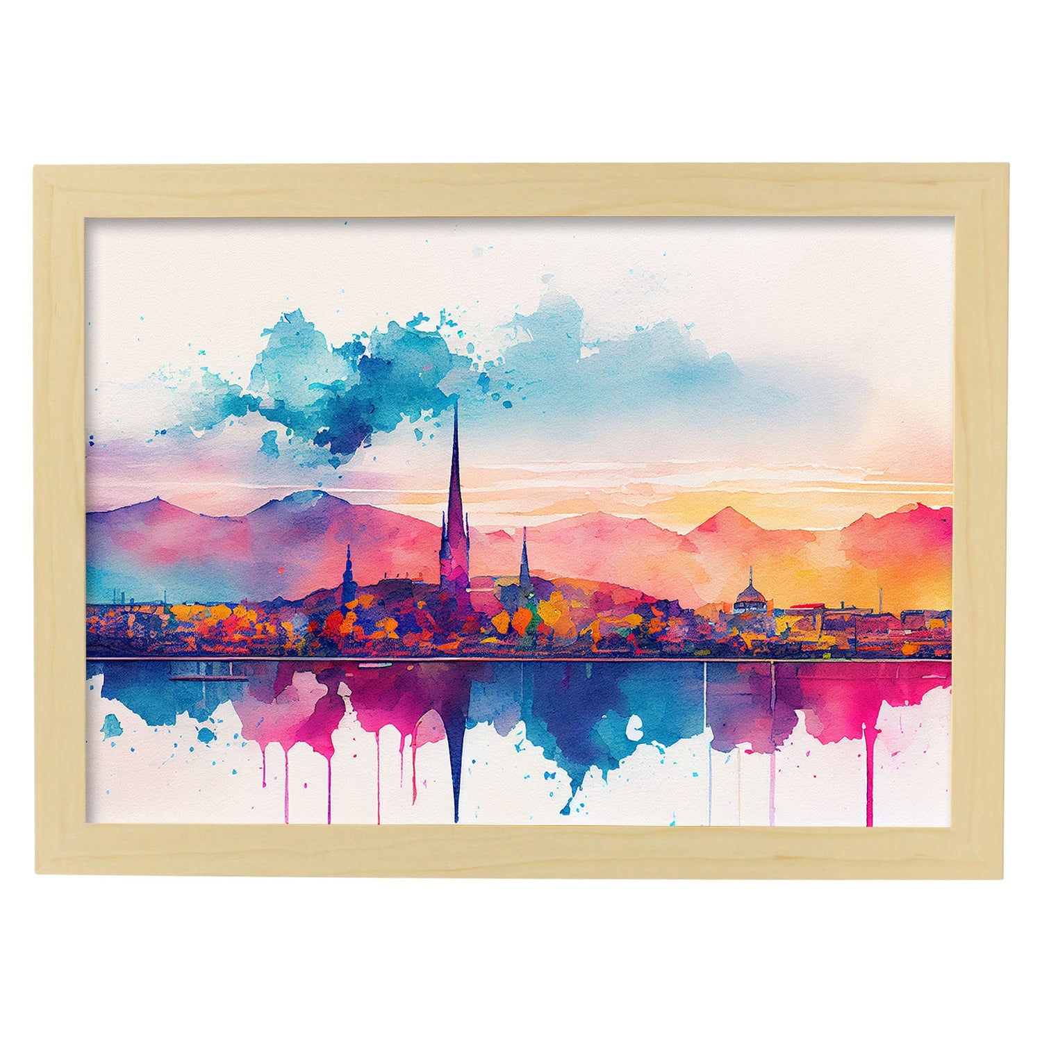Nacnic watercolor of a skyline of the city of Geneva_1. Aesthetic Wall Art Prints for Bedroom or Living Room Design.-Artwork-Nacnic-A4-Marco Madera Clara-Nacnic Estudio SL