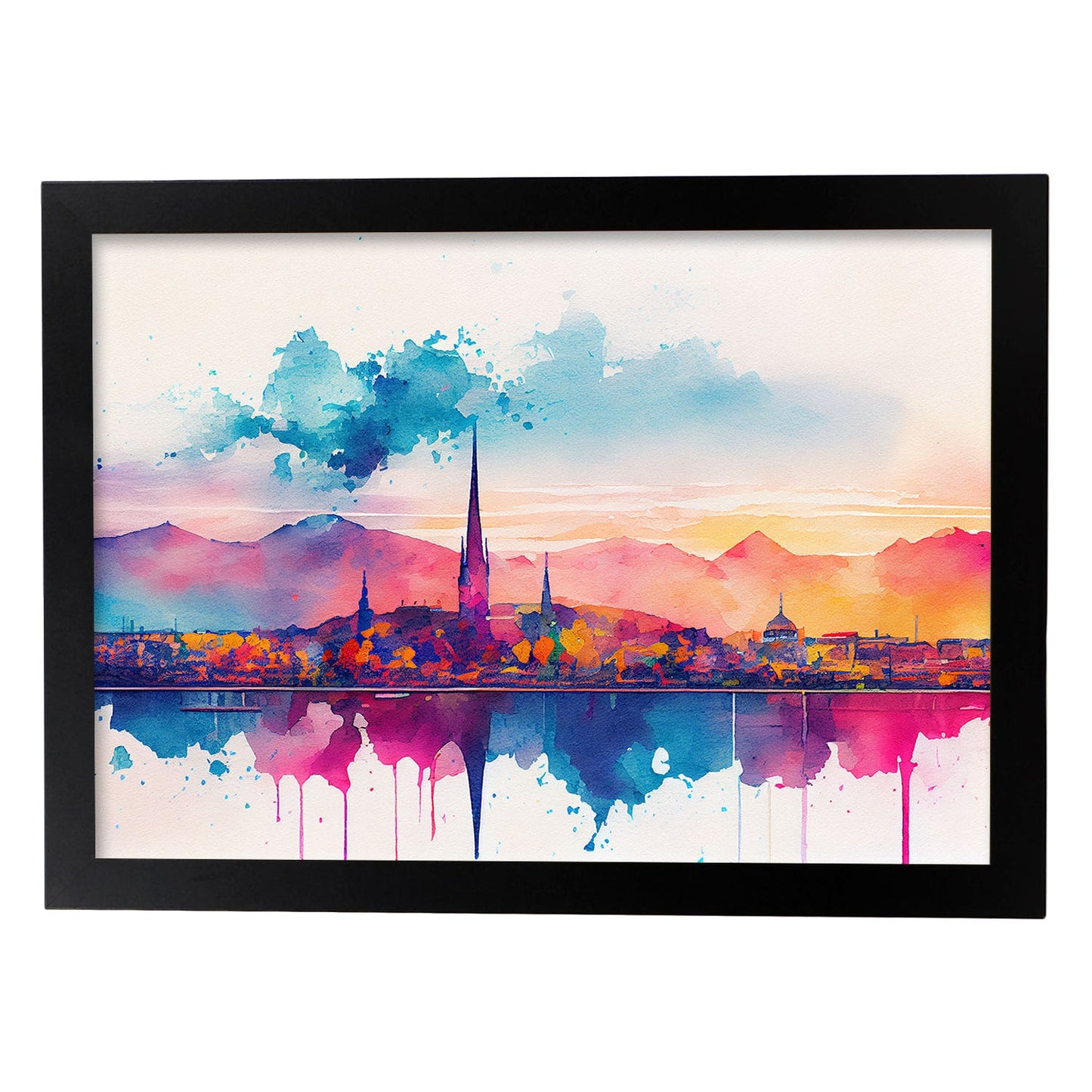 Nacnic watercolor of a skyline of the city of Geneva_1. Aesthetic Wall Art Prints for Bedroom or Living Room Design.