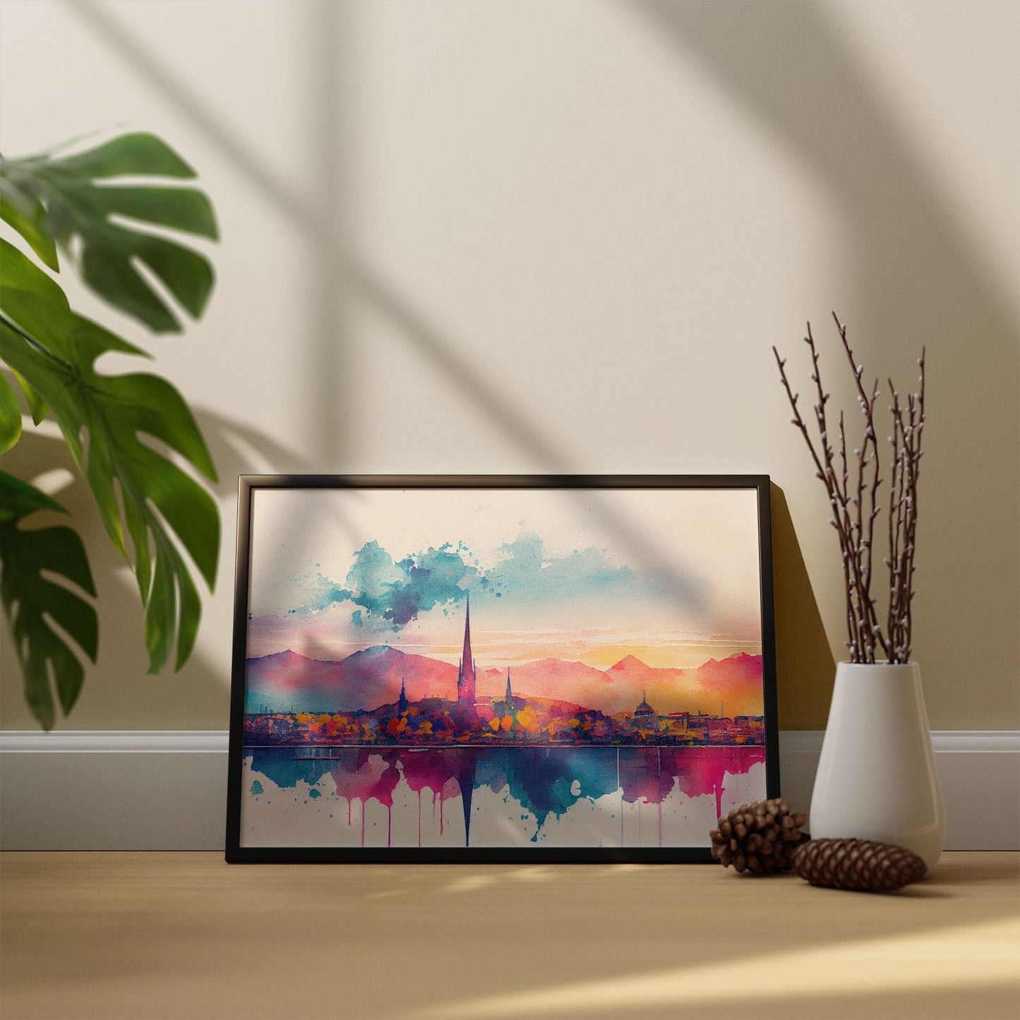 Nacnic watercolor of a skyline of the city of Geneva_1. Aesthetic Wall Art Prints for Bedroom or Living Room Design.-Artwork-Nacnic-A4-Sin Marco-Nacnic Estudio SL