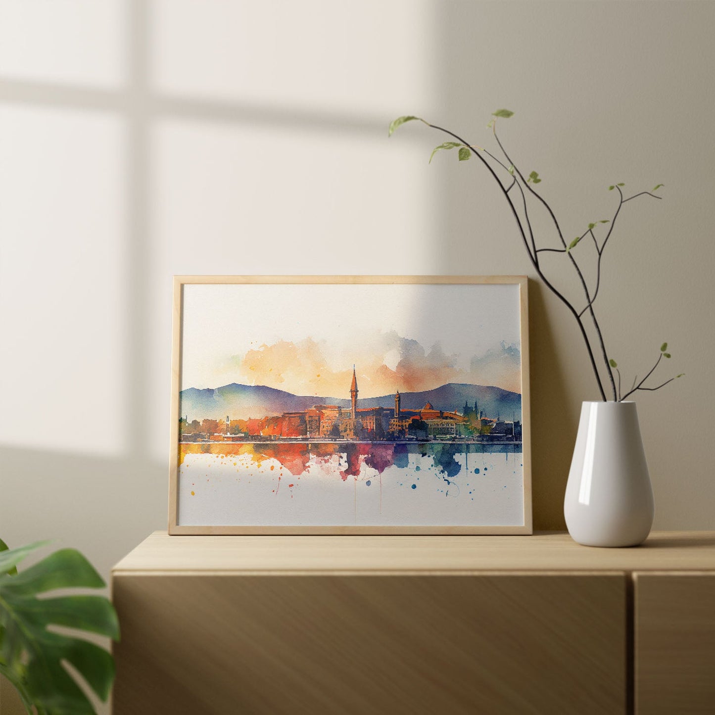 Nacnic watercolor of a skyline of the city of Geneva_2. Aesthetic Wall Art Prints for Bedroom or Living Room Design.