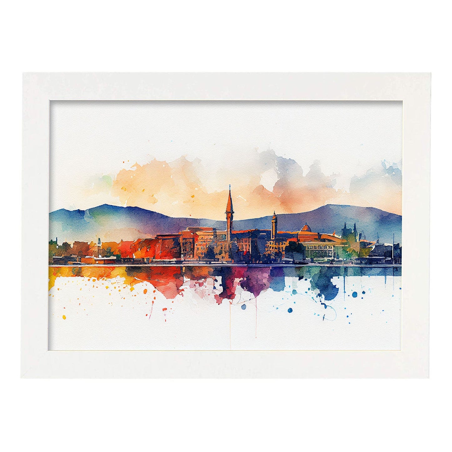 Nacnic watercolor of a skyline of the city of Geneva_2. Aesthetic Wall Art Prints for Bedroom or Living Room Design.-Artwork-Nacnic-A4-Marco Blanco-Nacnic Estudio SL