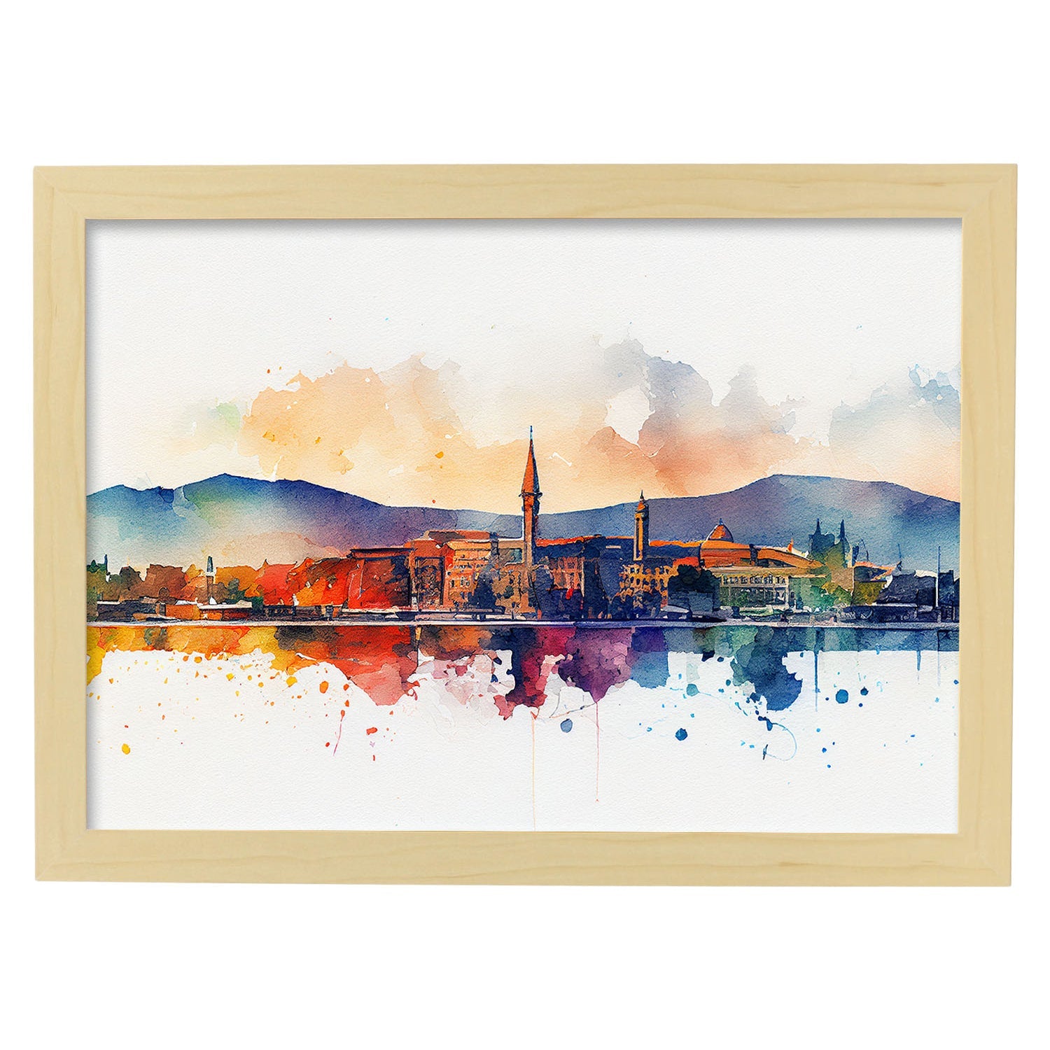 Nacnic watercolor of a skyline of the city of Geneva_2. Aesthetic Wall Art Prints for Bedroom or Living Room Design.-Artwork-Nacnic-A4-Marco Madera Clara-Nacnic Estudio SL