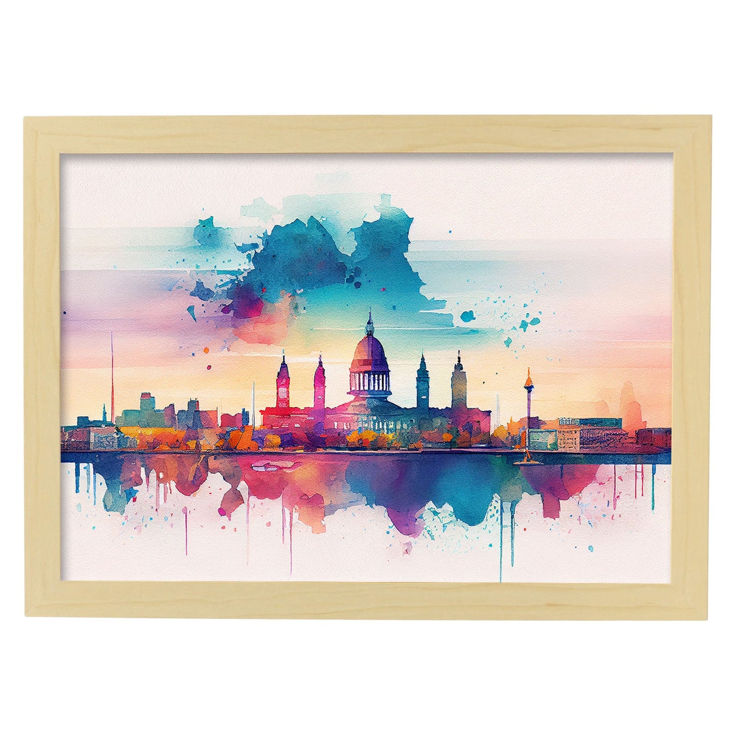Nacnic watercolor of a skyline of the city of Helsinki. Aesthetic Wall Art Prints for Bedroom or Living Room Design.-Artwork-Nacnic-A4-Marco Madera Clara-Nacnic Estudio SL