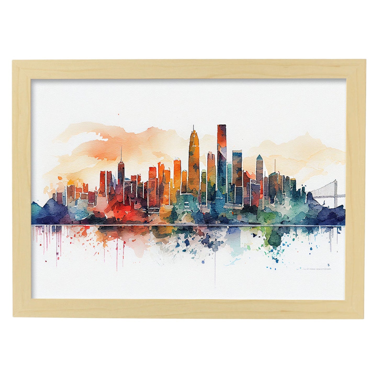 Nacnic watercolor of a skyline of the city of Hong Kong_1. Aesthetic Wall Art Prints for Bedroom or Living Room Design.-Artwork-Nacnic-A4-Marco Madera Clara-Nacnic Estudio SL