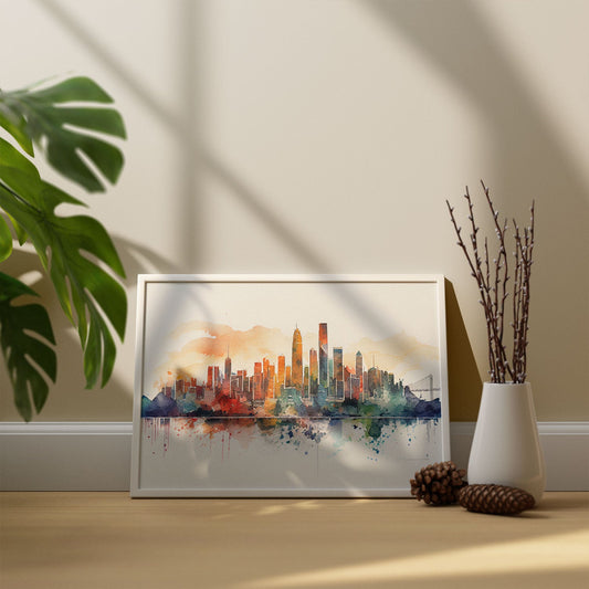 Nacnic watercolor of a skyline of the city of Hong Kong_1. Aesthetic Wall Art Prints for Bedroom or Living Room Design.-Artwork-Nacnic-A4-Sin Marco-Nacnic Estudio SL