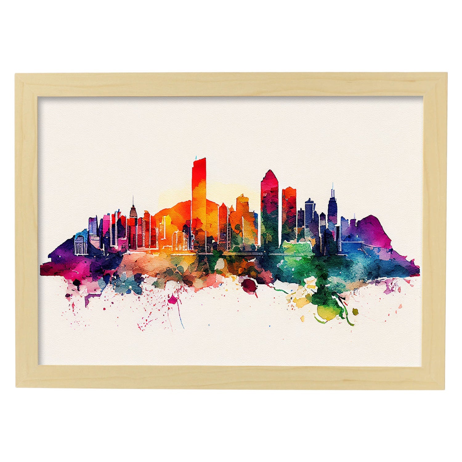 Nacnic watercolor of a skyline of the city of Hong Kong_2. Aesthetic Wall Art Prints for Bedroom or Living Room Design.-Artwork-Nacnic-A4-Marco Madera Clara-Nacnic Estudio SL