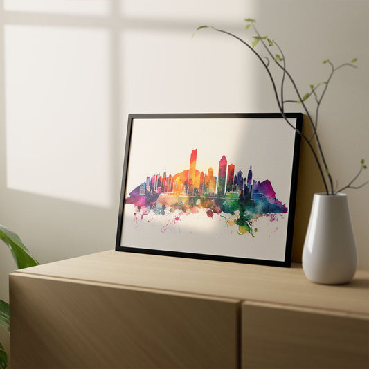 Nacnic watercolor of a skyline of the city of Hong Kong_2. Aesthetic Wall Art Prints for Bedroom or Living Room Design.-Artwork-Nacnic-A4-Sin Marco-Nacnic Estudio SL
