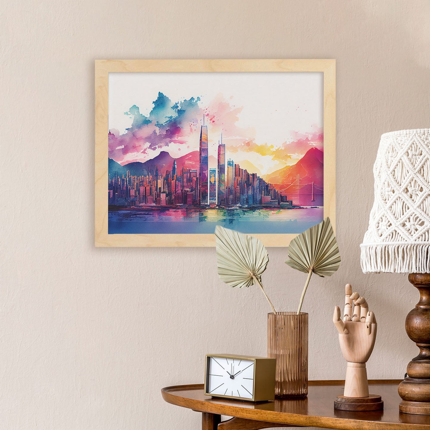 Nacnic watercolor of a skyline of the city of Hong Kong_3. Aesthetic Wall Art Prints for Bedroom or Living Room Design.