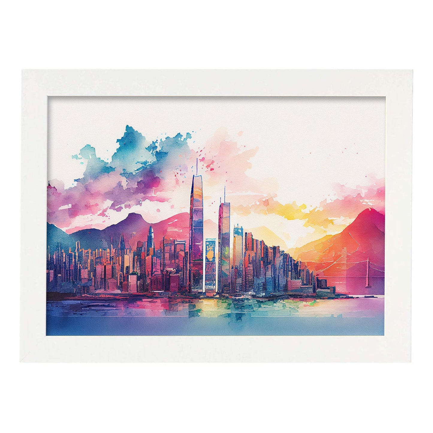 Nacnic watercolor of a skyline of the city of Hong Kong_3. Aesthetic Wall Art Prints for Bedroom or Living Room Design.-Artwork-Nacnic-A4-Marco Blanco-Nacnic Estudio SL