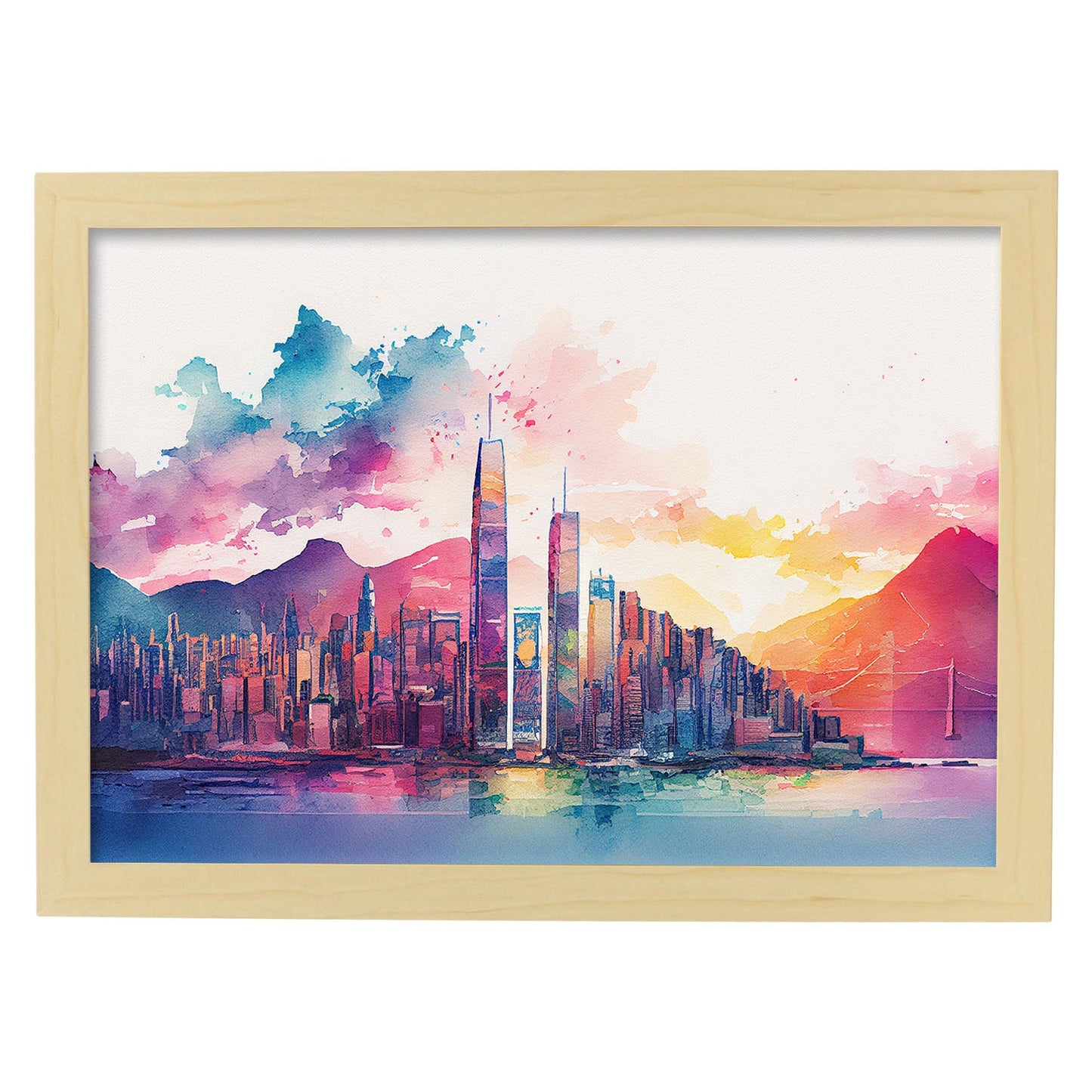 Nacnic watercolor of a skyline of the city of Hong Kong_3. Aesthetic Wall Art Prints for Bedroom or Living Room Design.-Artwork-Nacnic-A4-Marco Madera Clara-Nacnic Estudio SL