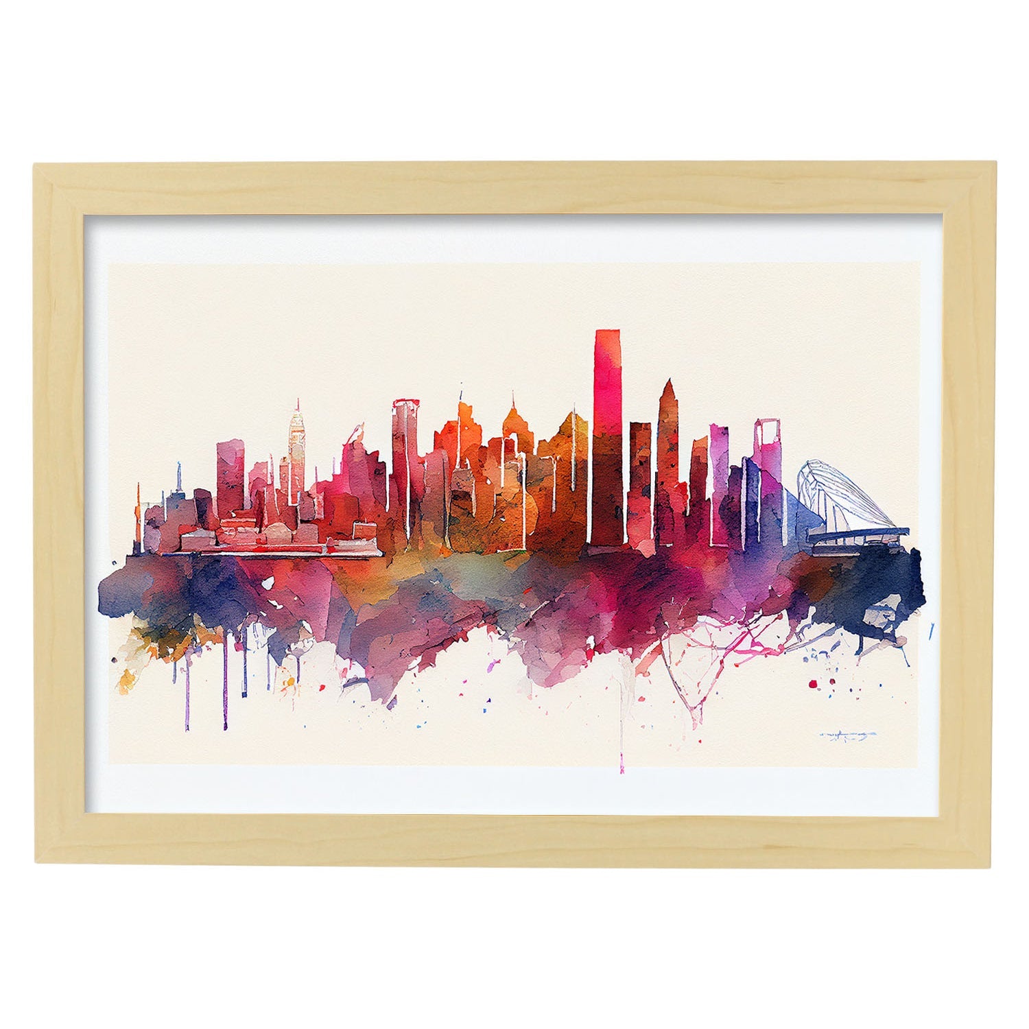 Nacnic watercolor of a skyline of the city of Hong Kong_4. Aesthetic Wall Art Prints for Bedroom or Living Room Design.-Artwork-Nacnic-A4-Marco Madera Clara-Nacnic Estudio SL