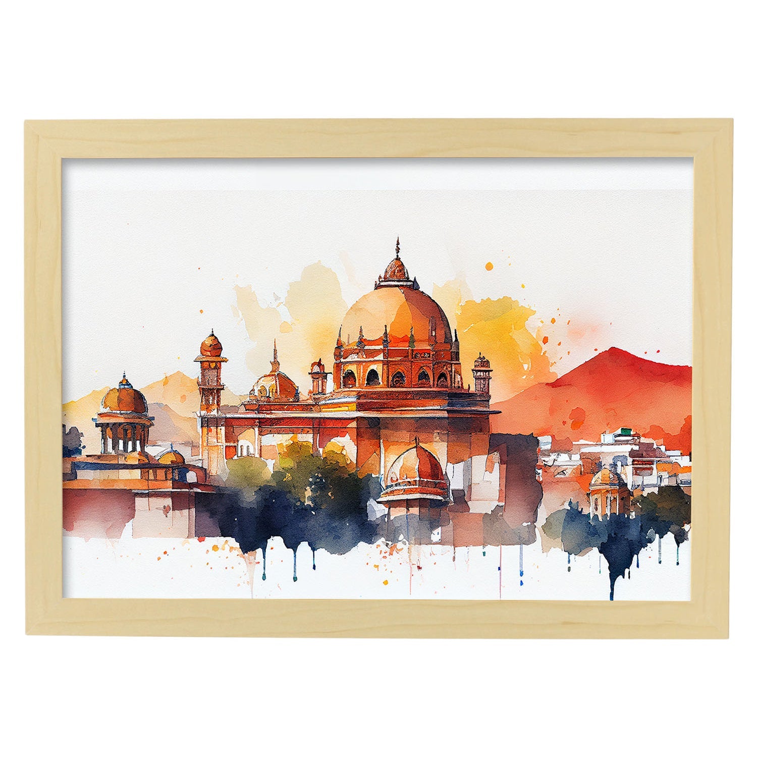 Nacnic watercolor of a skyline of the city of Jaipur. Aesthetic Wall Art Prints for Bedroom or Living Room Design.-Artwork-Nacnic-A4-Marco Madera Clara-Nacnic Estudio SL