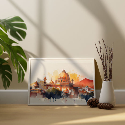 Nacnic watercolor of a skyline of the city of Jaipur. Aesthetic Wall Art Prints for Bedroom or Living Room Design.-Artwork-Nacnic-A4-Sin Marco-Nacnic Estudio SL