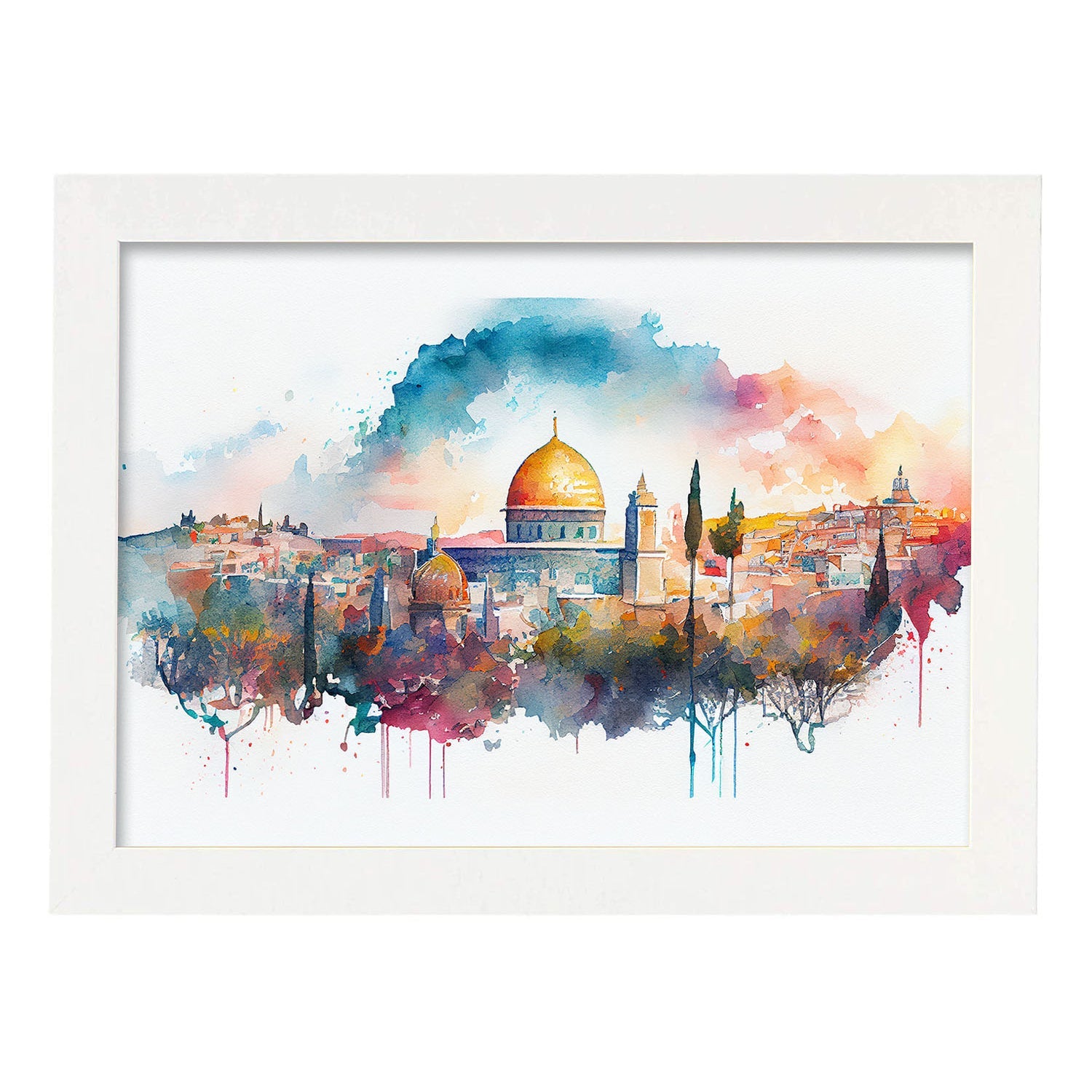 Nacnic watercolor of a skyline of the city of Jerusalem. Aesthetic Wall Art Prints for Bedroom or Living Room Design.-Artwork-Nacnic-A4-Marco Blanco-Nacnic Estudio SL
