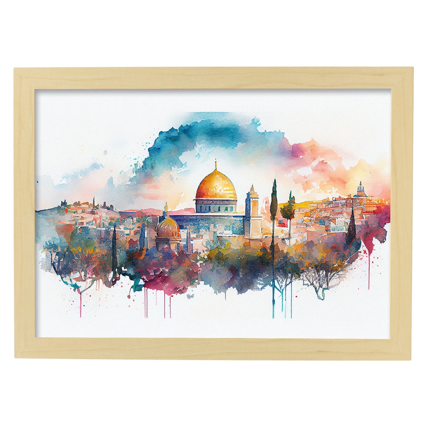 Nacnic watercolor of a skyline of the city of Jerusalem. Aesthetic Wall Art Prints for Bedroom or Living Room Design.-Artwork-Nacnic-A4-Marco Madera Clara-Nacnic Estudio SL