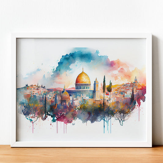 Nacnic watercolor of a skyline of the city of Jerusalem. Aesthetic Wall Art Prints for Bedroom or Living Room Design.-Artwork-Nacnic-A4-Sin Marco-Nacnic Estudio SL