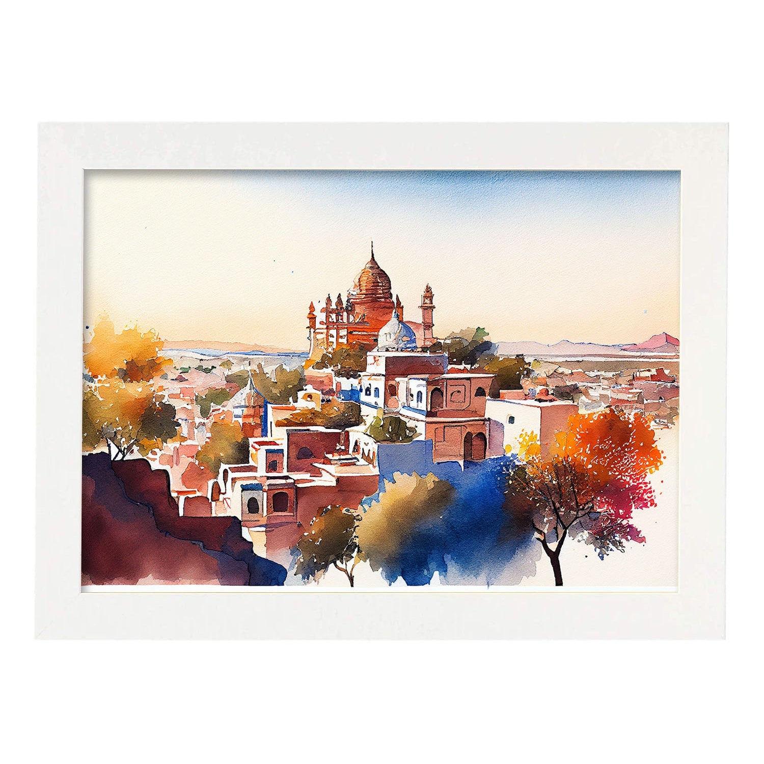 Nacnic watercolor of a skyline of the city of Jodhpur. Aesthetic Wall Art Prints for Bedroom or Living Room Design.-Artwork-Nacnic-A4-Marco Blanco-Nacnic Estudio SL