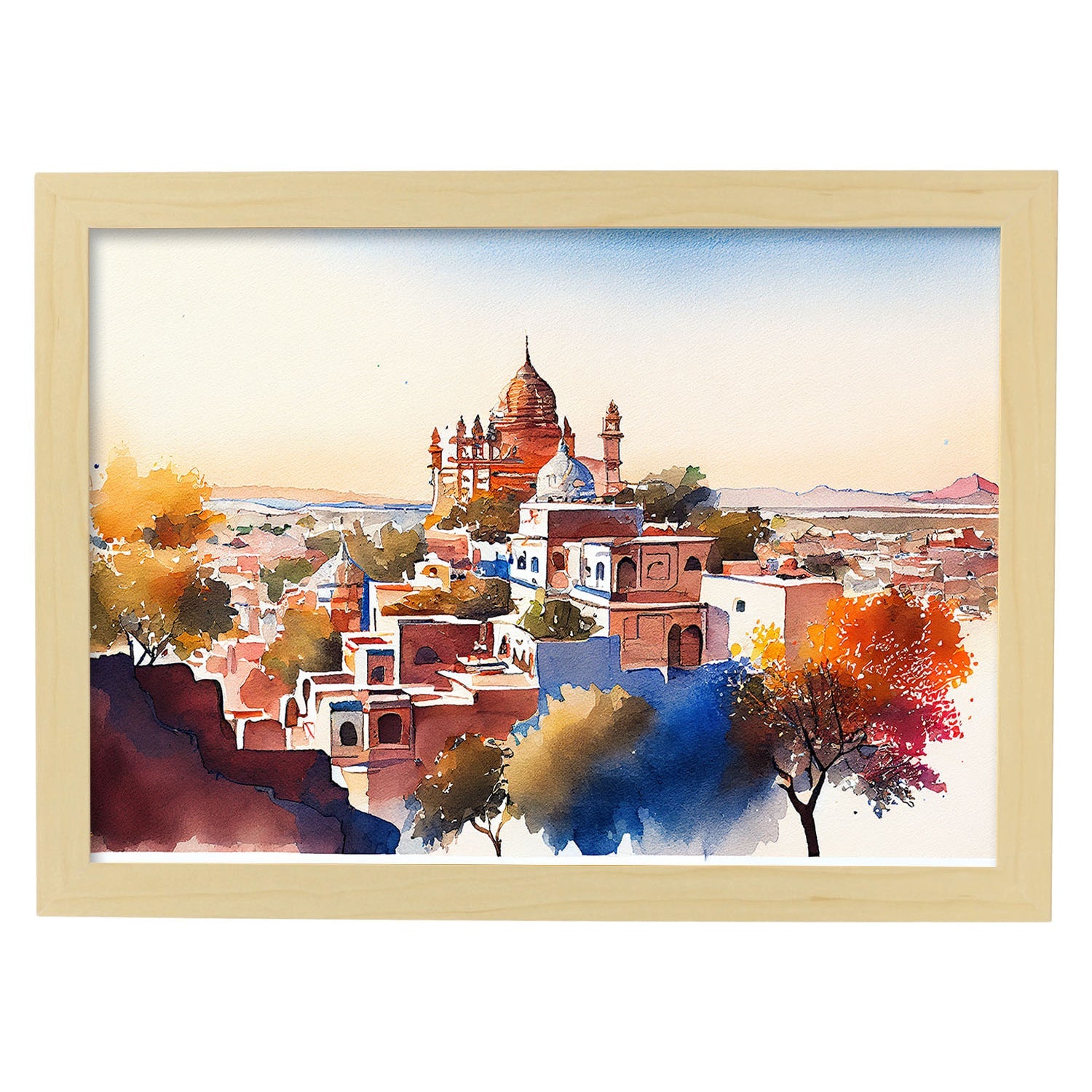 Nacnic watercolor of a skyline of the city of Jodhpur. Aesthetic Wall Art Prints for Bedroom or Living Room Design.-Artwork-Nacnic-A4-Marco Madera Clara-Nacnic Estudio SL