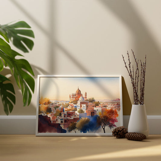 Nacnic watercolor of a skyline of the city of Jodhpur. Aesthetic Wall Art Prints for Bedroom or Living Room Design.-Artwork-Nacnic-A4-Sin Marco-Nacnic Estudio SL
